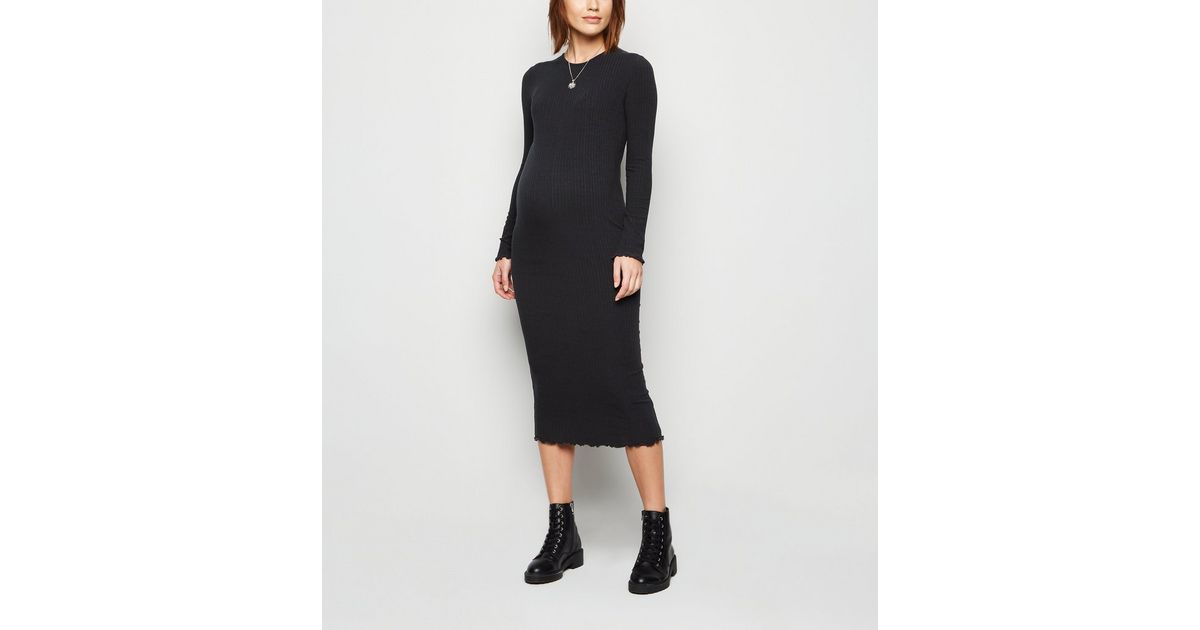 Maternity Black Ribbed Long Sleeve Midi Dress | New Look
