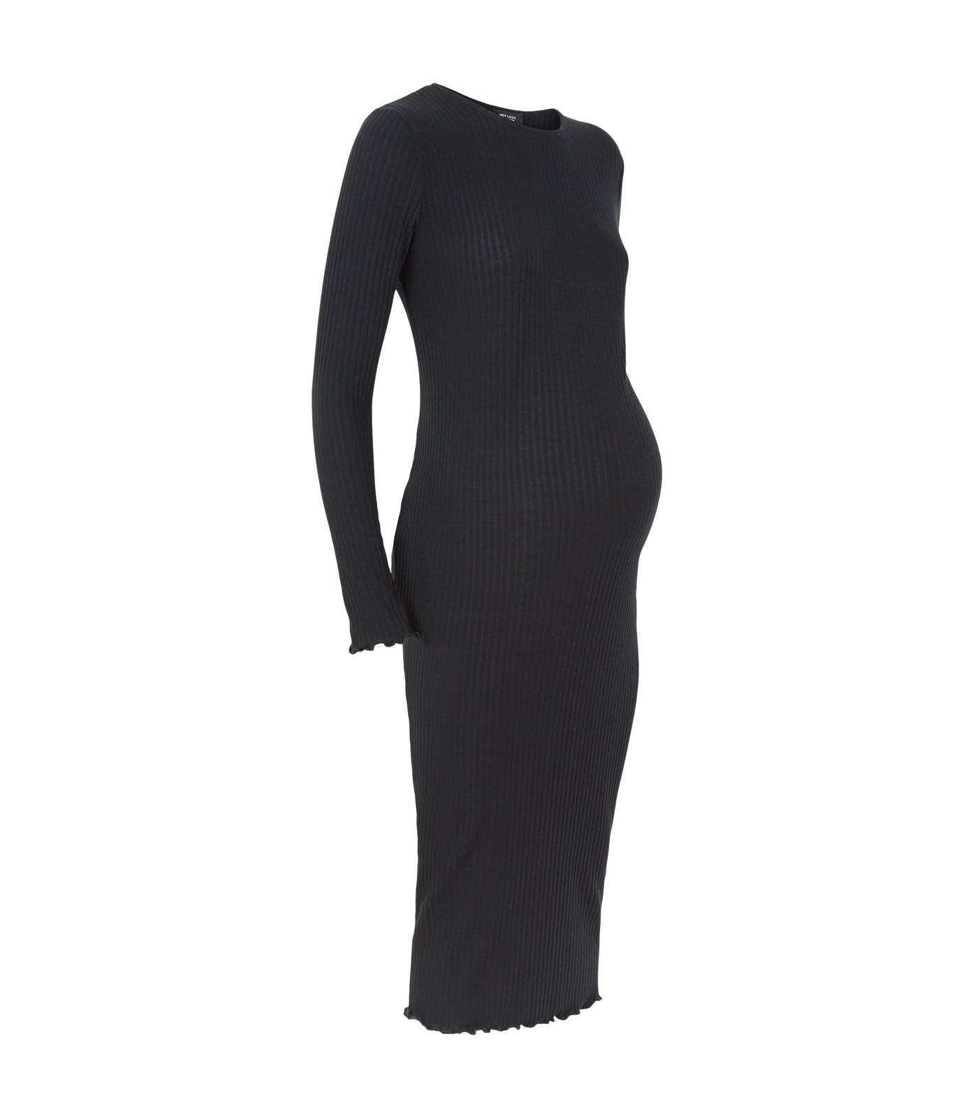 Maternity Black Ribbed Long Sleeve Midi Dress Image 4