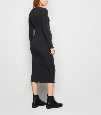 black ribbed long sleeve midi dress
