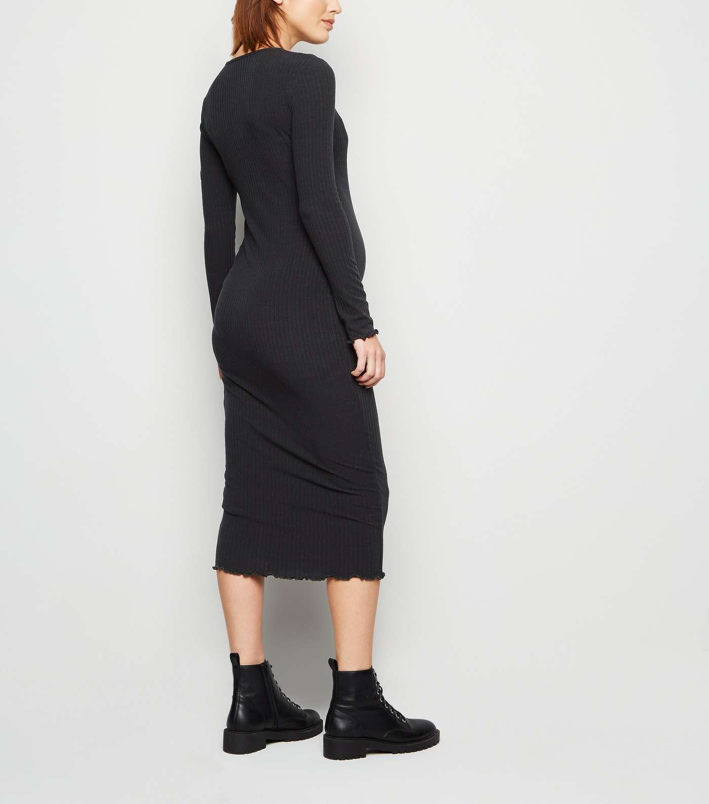 Maternity Black Ribbed Long Sleeve Midi Dress Image 2