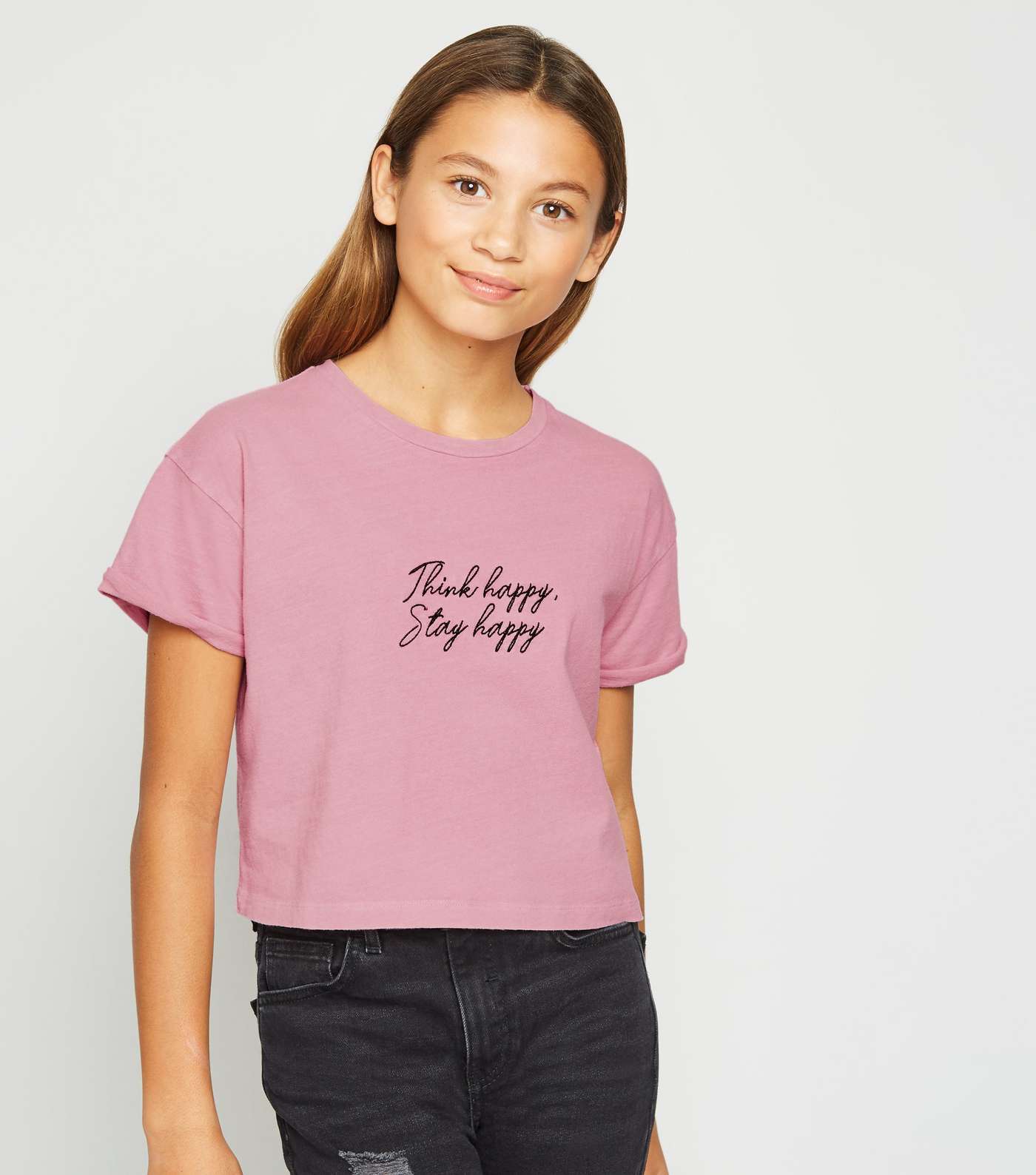 Girls Pale Pink Acid Wash Happy Slogan T-Shirt
