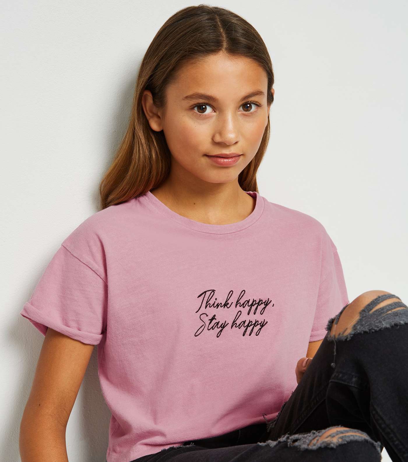 Girls Pale Pink Acid Wash Happy Slogan T-Shirt Image 5