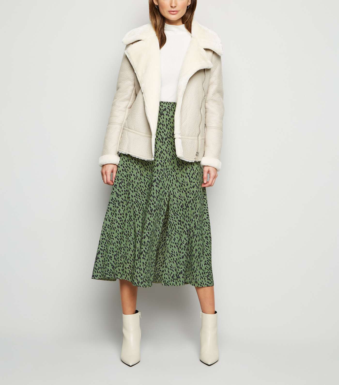 Khaki Abstract Spot Midi Skirt 