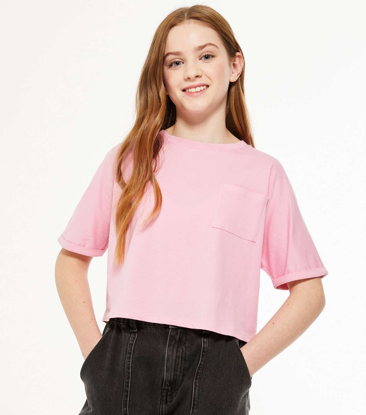 Girls Mid Pink Pocket Front T-Shirt