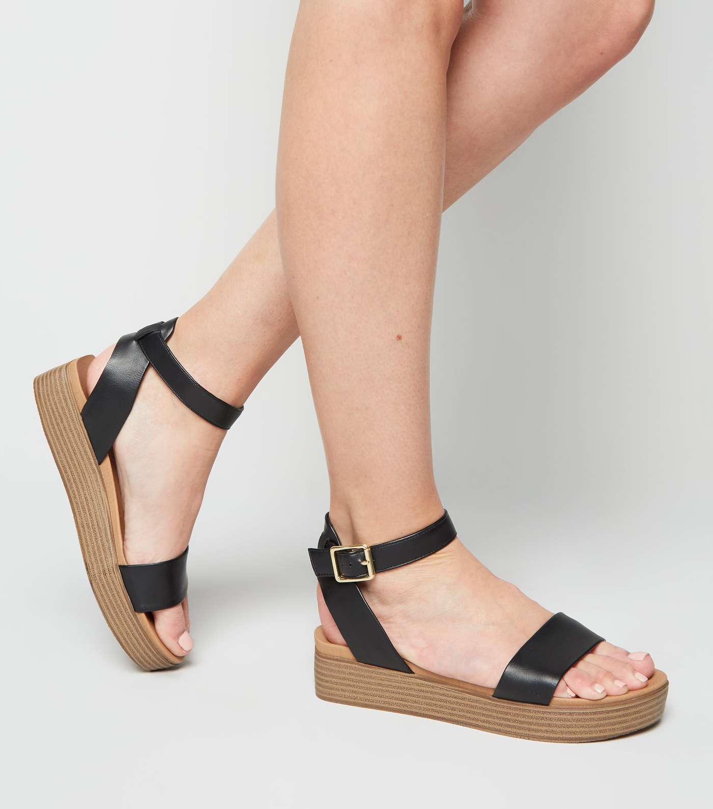 Black Leather-Look Strap Flatform Footbed Sandals Image 2