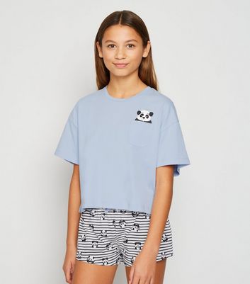 Girls - Ensemble pyjama bleu avec short et imprimé panda