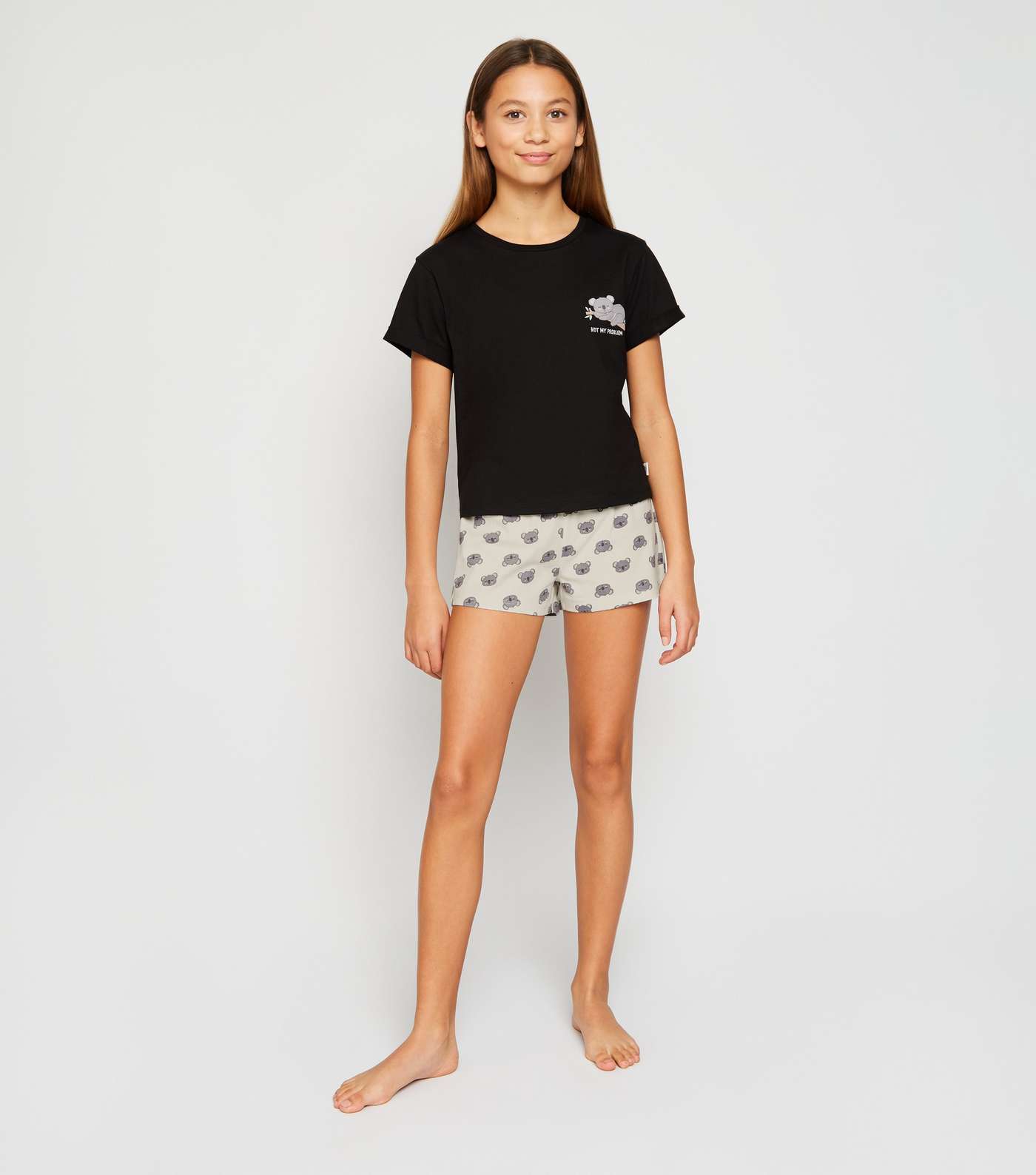 Girls Black Koala Slogan Shorts Pyjama Set Image 2