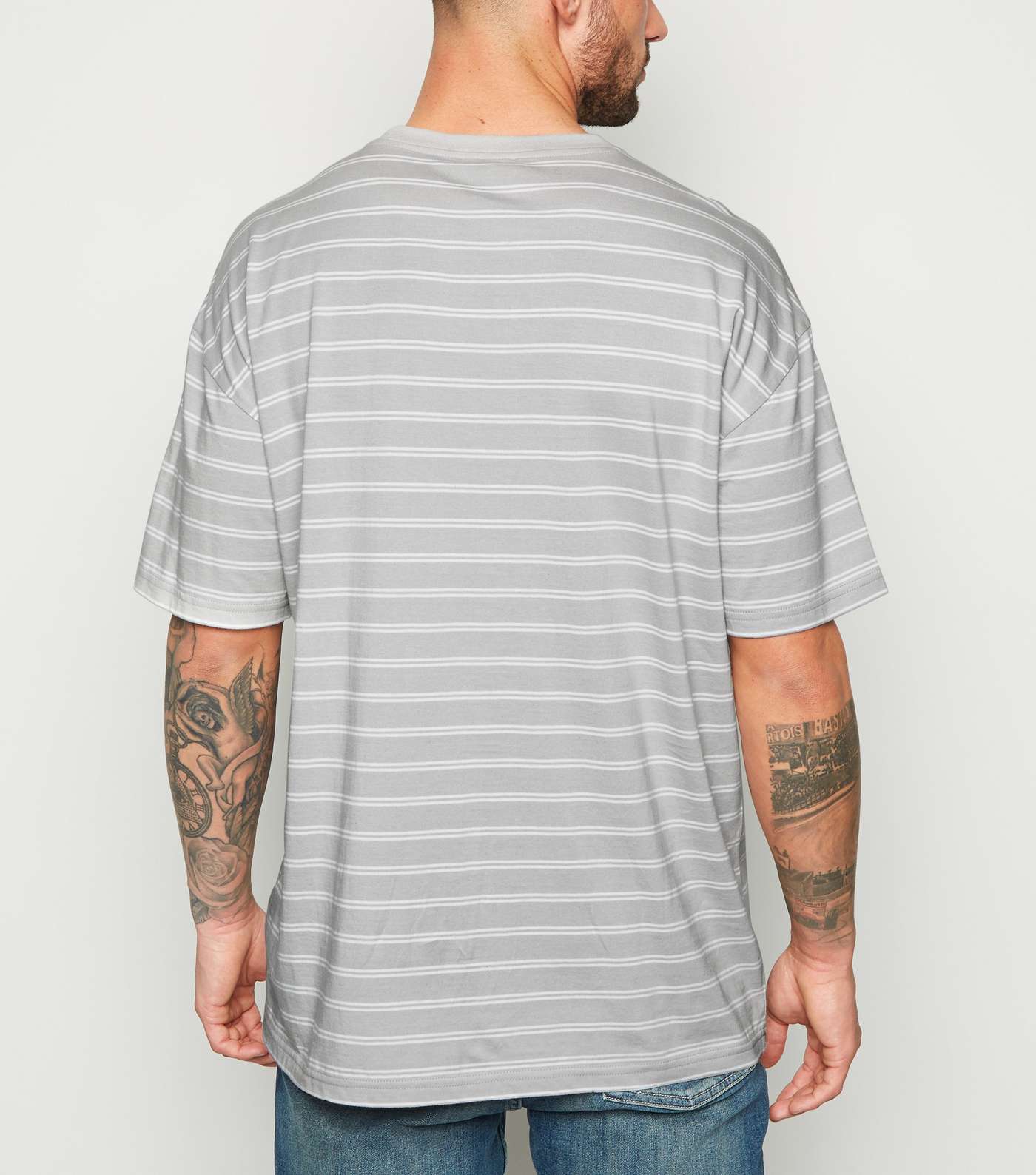 Pale Grey Stripe Oversized Crew T-Shirt Image 3