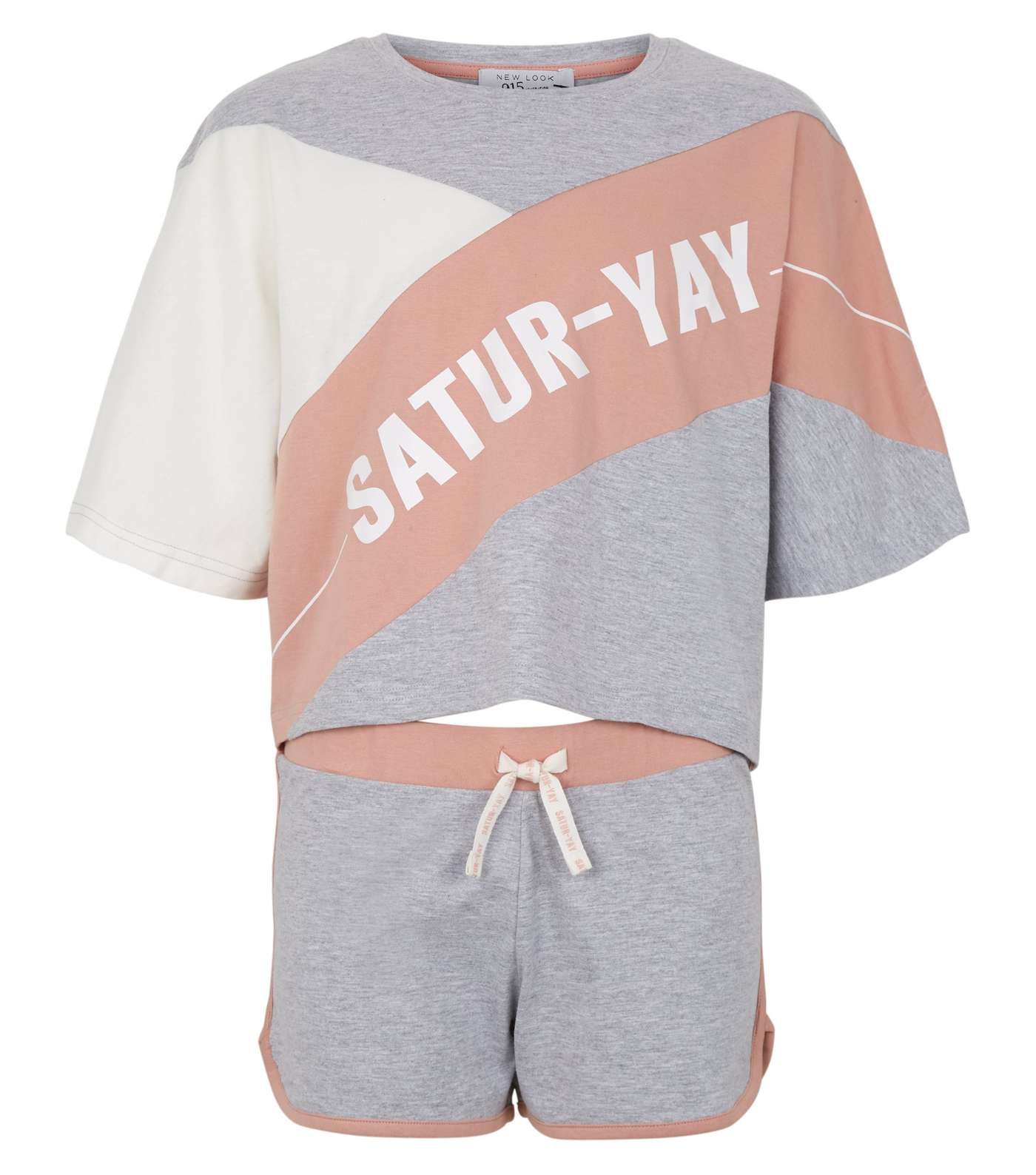 Girls Light Grey Satur-Yay Colour Block Slogan Pyjama Set Image 4