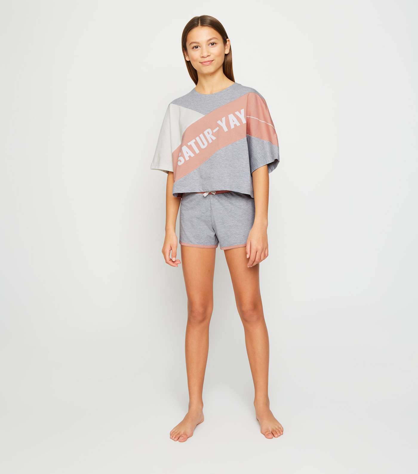 Girls Light Grey Satur-Yay Colour Block Slogan Pyjama Set Image 2