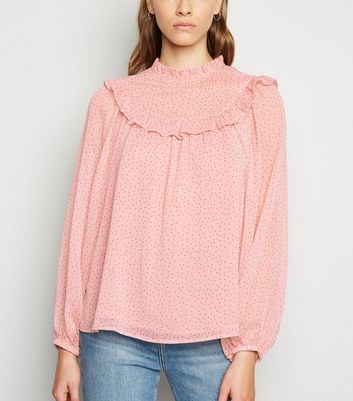 Bright Pink Spot Frill Trim Long Sleeve 