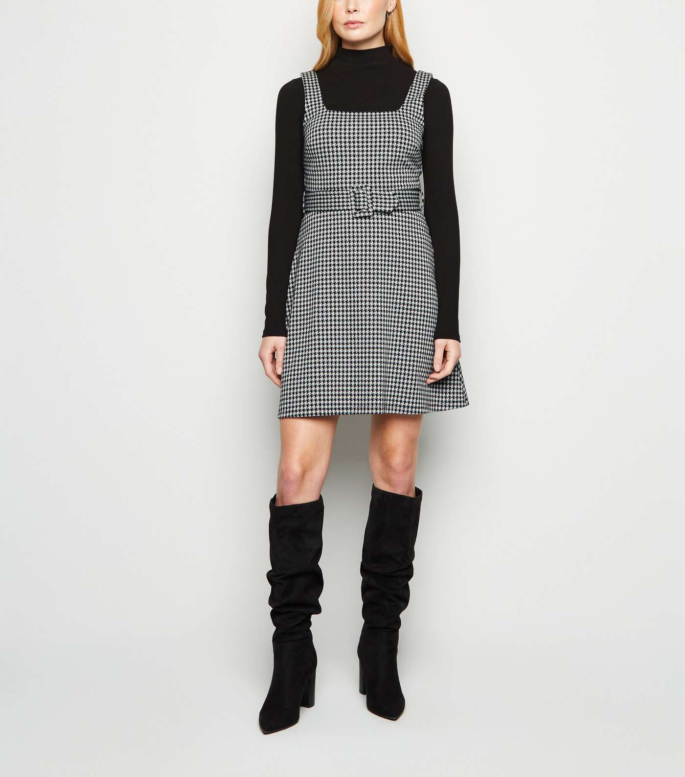 Black Dogtooth Belted Pinafore Dress Image 2