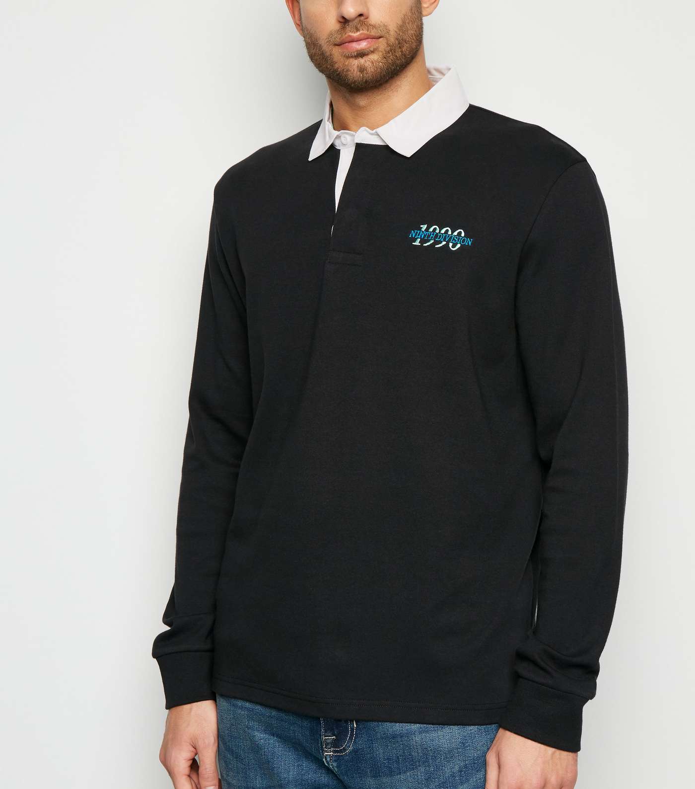 Black 1990 Embroidered Slogan Rugby Shirt