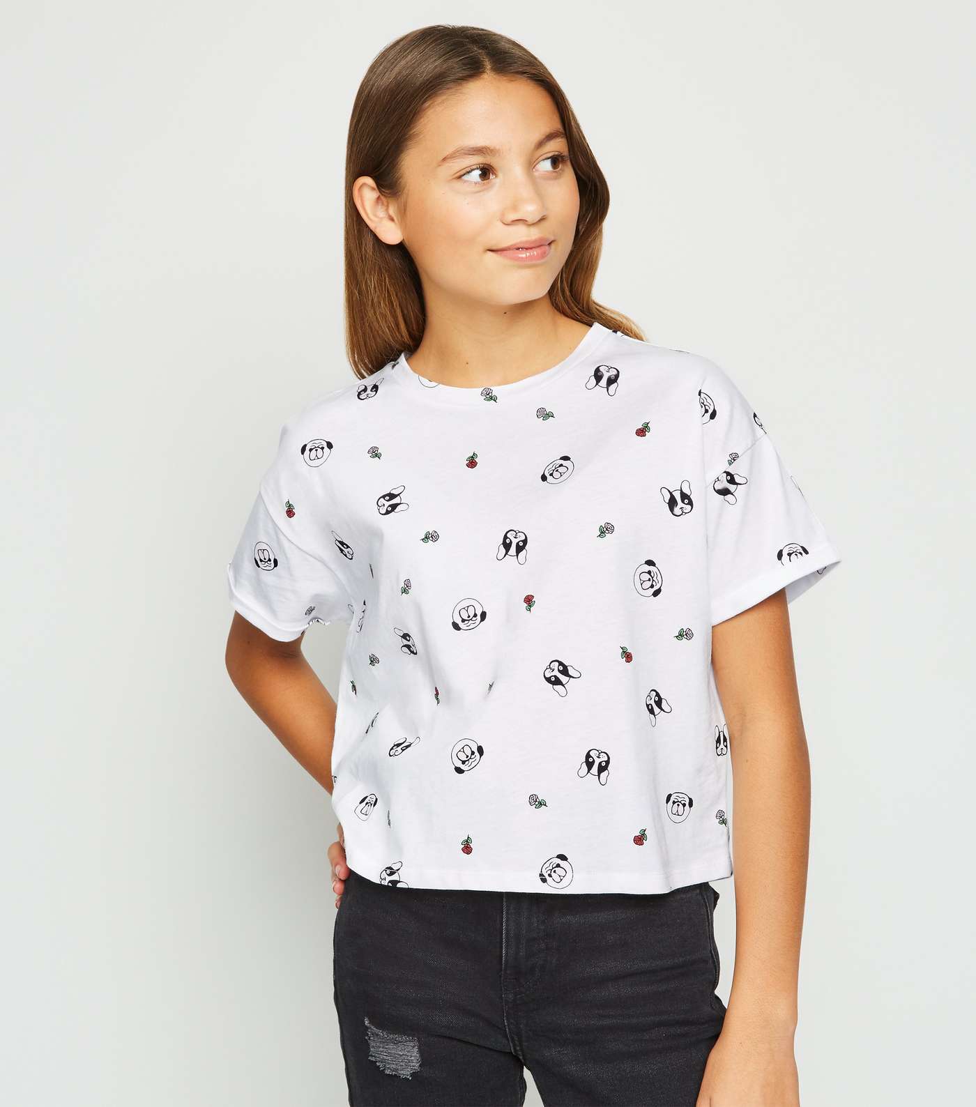 Girls White Dog and Rose Print T-Shirt