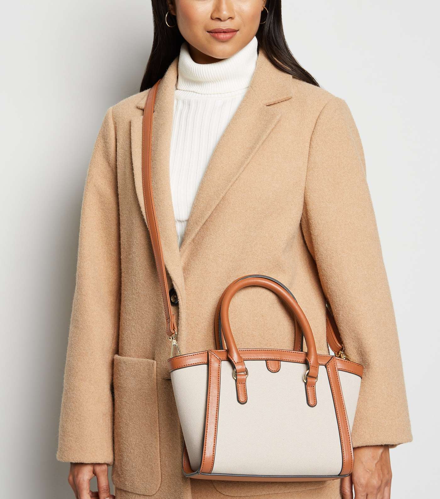 Tan Canvas and Leather-Look Tote Bag Image 2