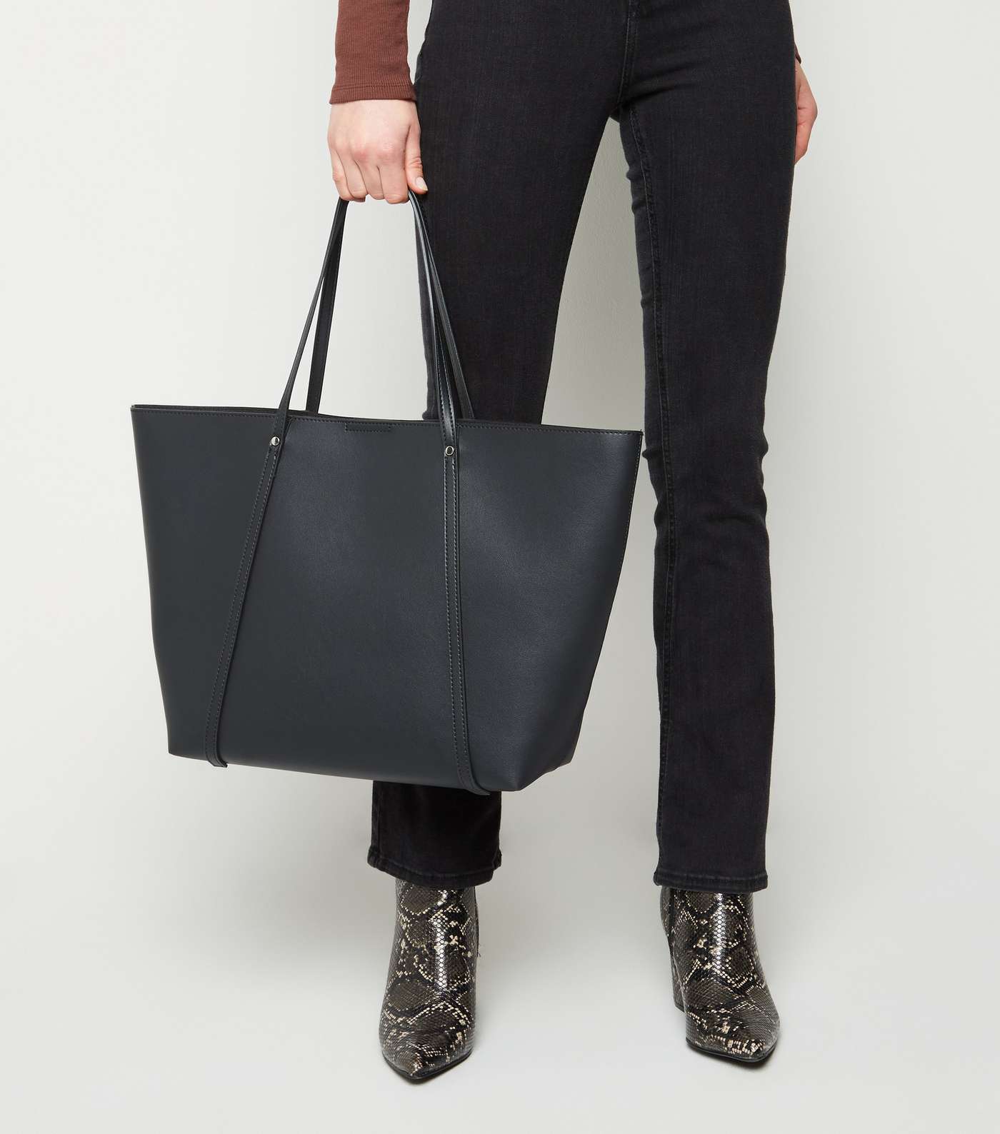 Black Leather-Look Large Tote Bag Image 3