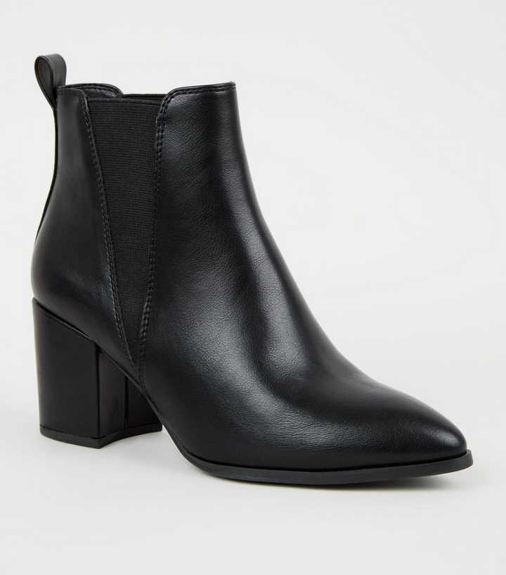 Wide Fit Black Pointed Block Heel Chelsea Boots