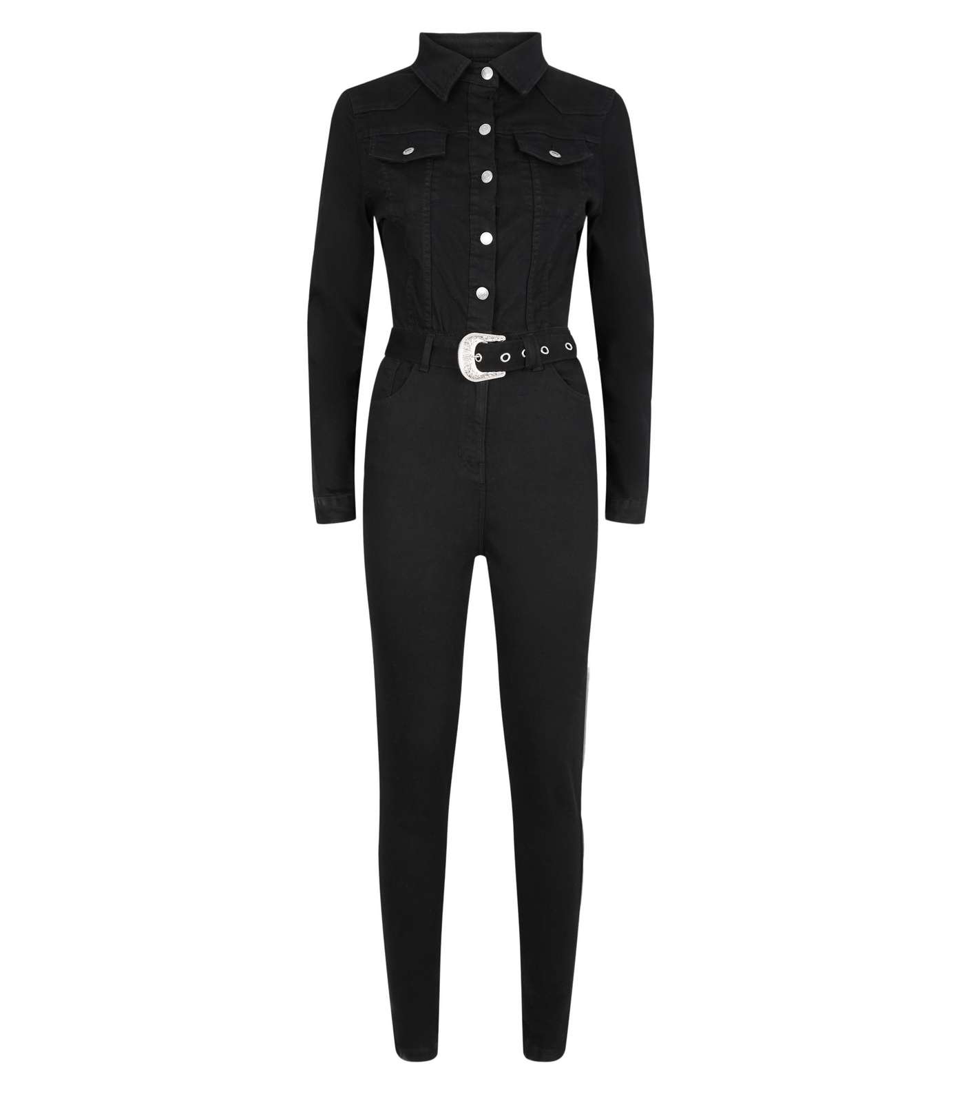Black Western Belted Denim Jumpsuit Image 4