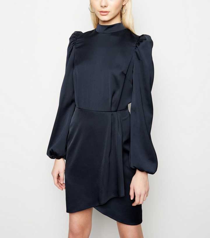 Navy Satin Puff Long Sleeve Mini Dress