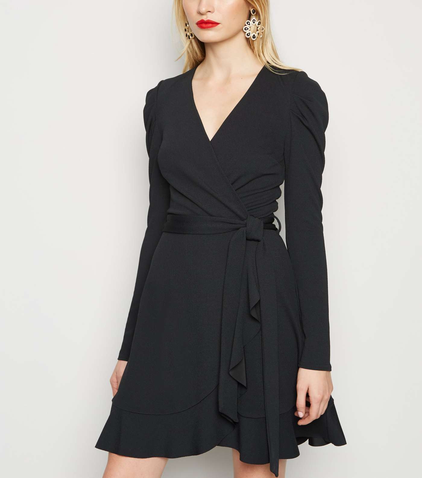 Black Puff Shoulder Mini Wrap Dress