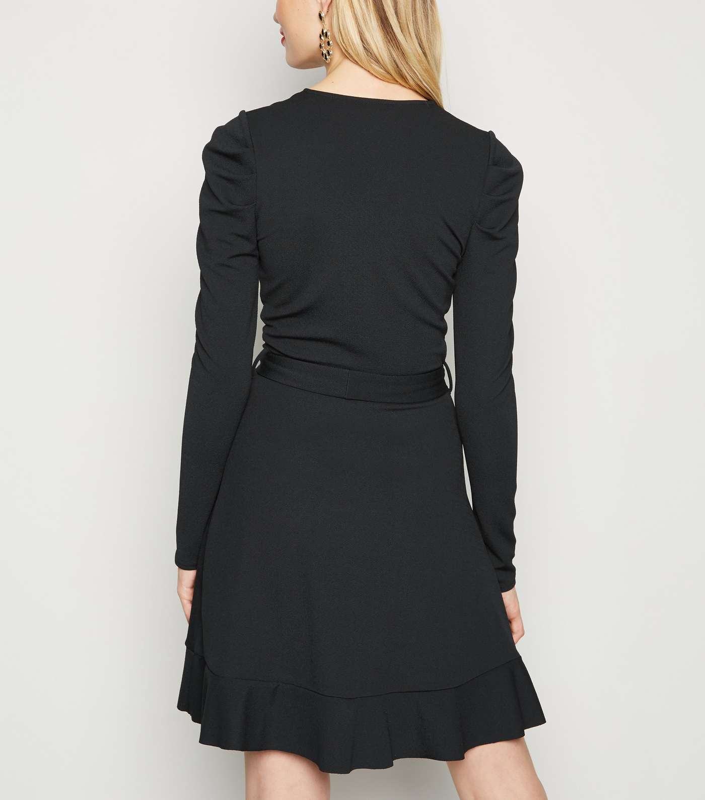 Black Puff Shoulder Mini Wrap Dress Image 3