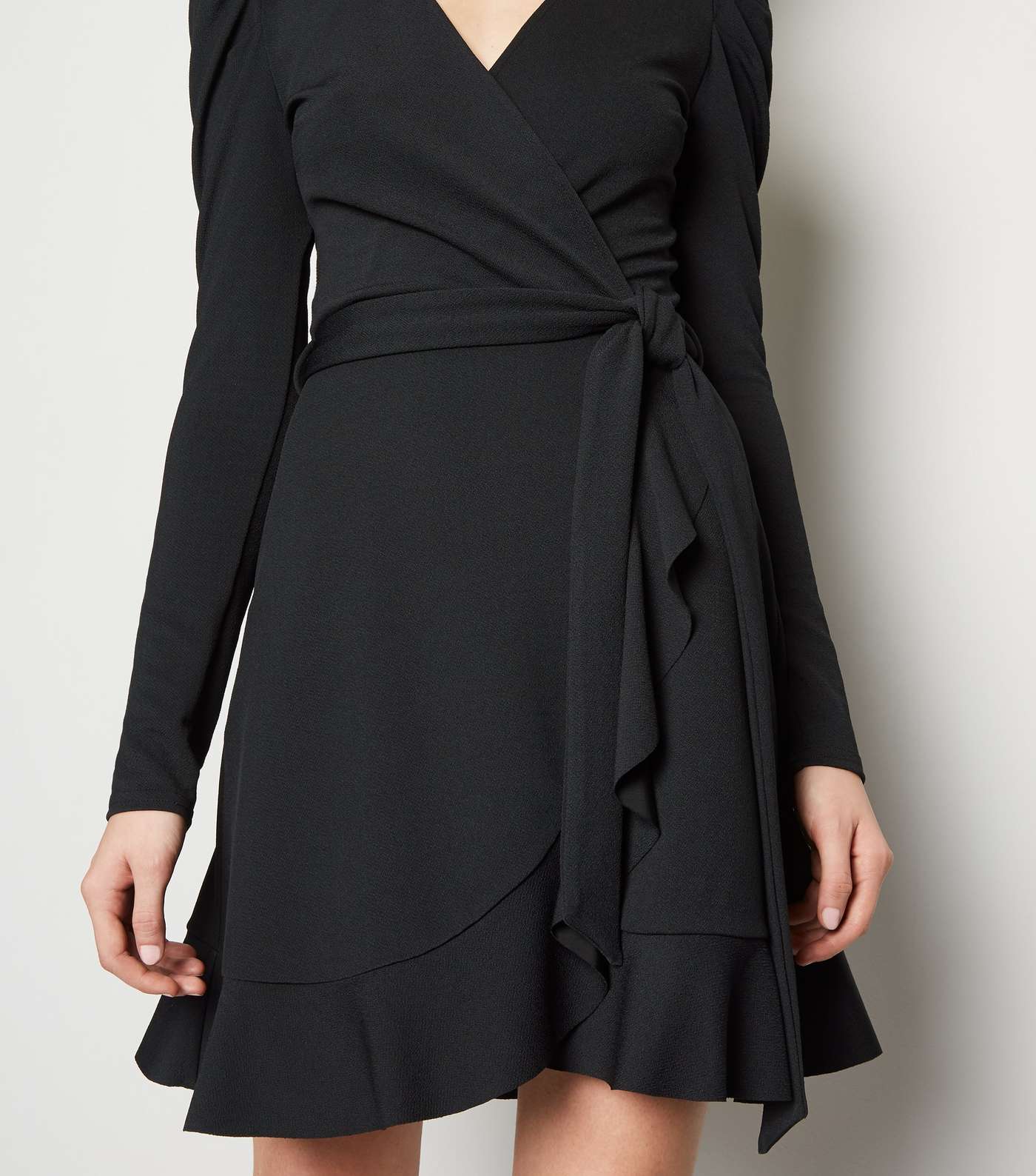 Black Puff Shoulder Mini Wrap Dress Image 5