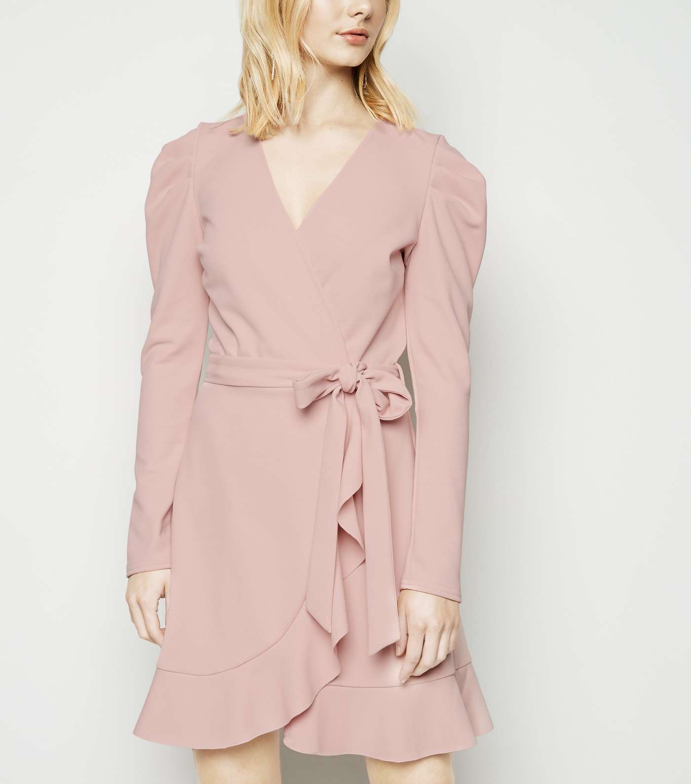 Pale Pink Puff Shoulder Mini Wrap Dress