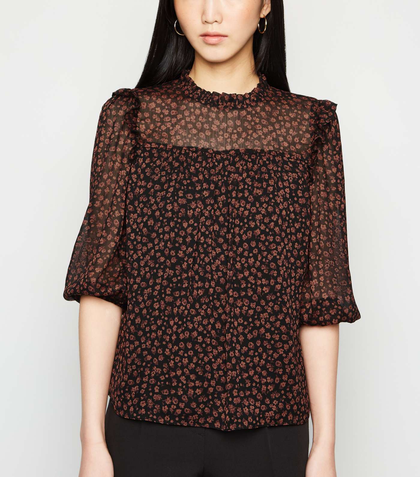 Black Ditsy Floral Frill Blouse 