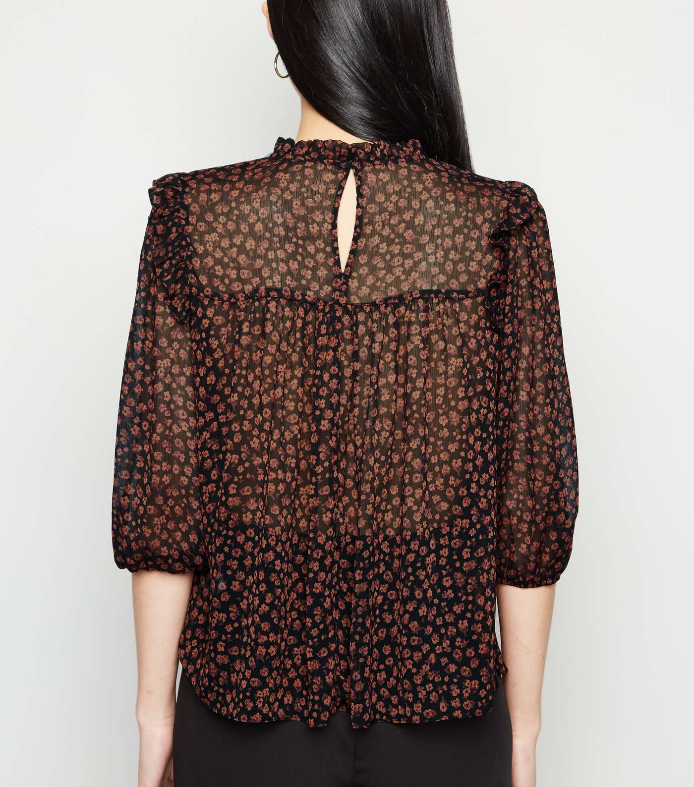 Black Ditsy Floral Frill Blouse  Image 3