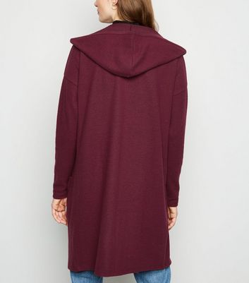 Burgundy Fine Knit Longline Hooded Cardigan New Look