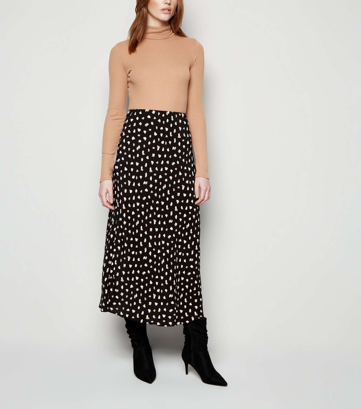 Tall Black Contrast Spot Midi Skirt