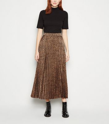 Tall Brown Satin Leopard Print Pleated Midi Skirt New Look