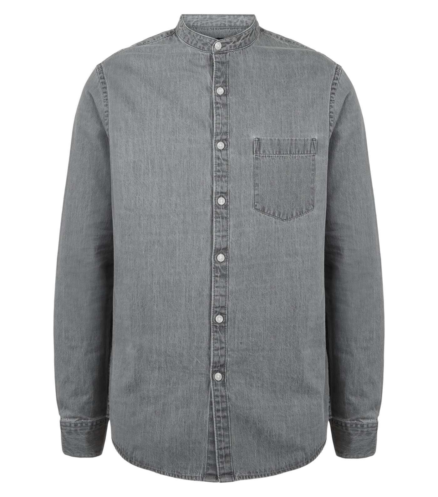 Grey Grandad Collar Denim Shirt Image 4