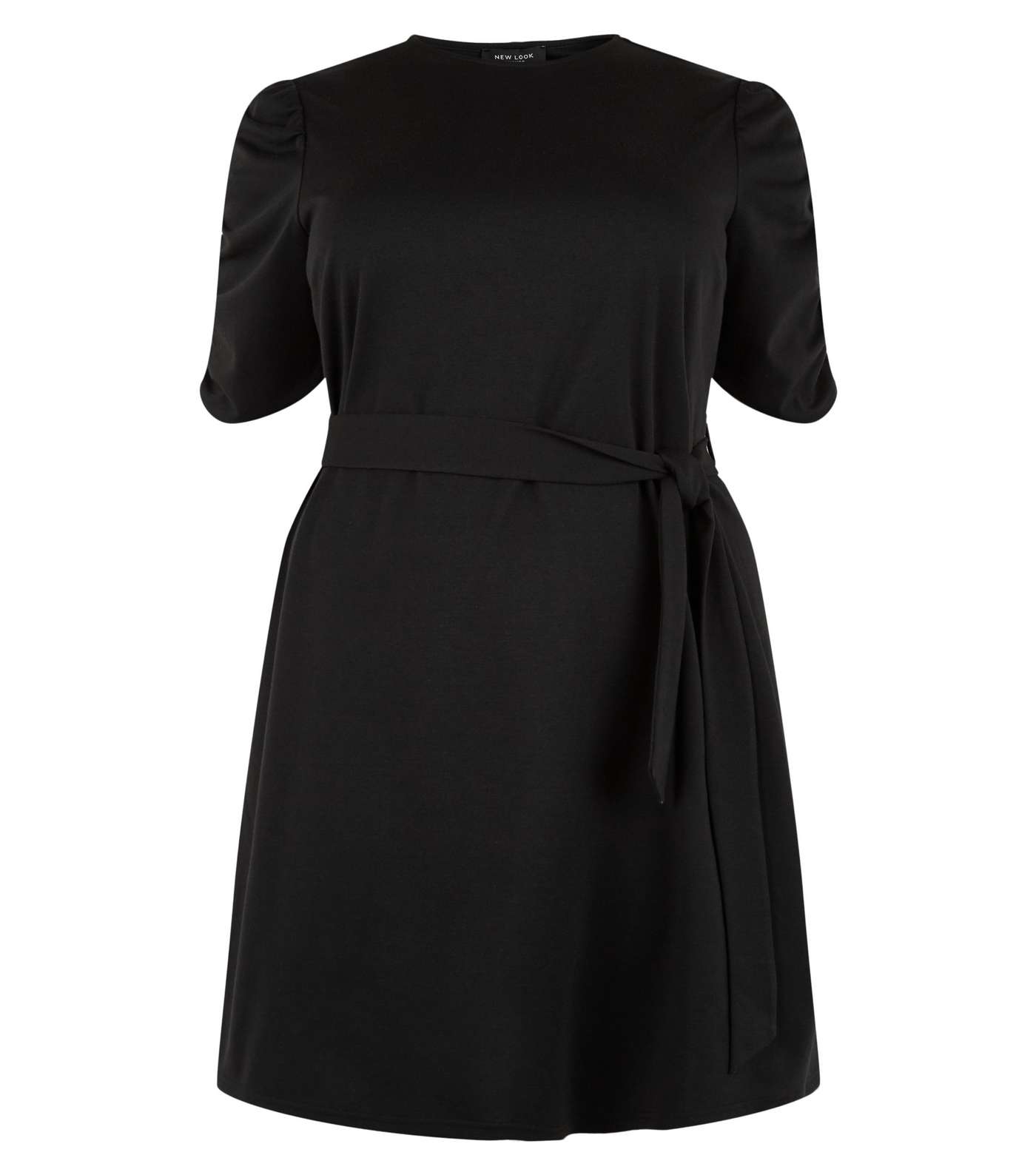Curves Black Ruched Sleeve Belted Dress Image 4