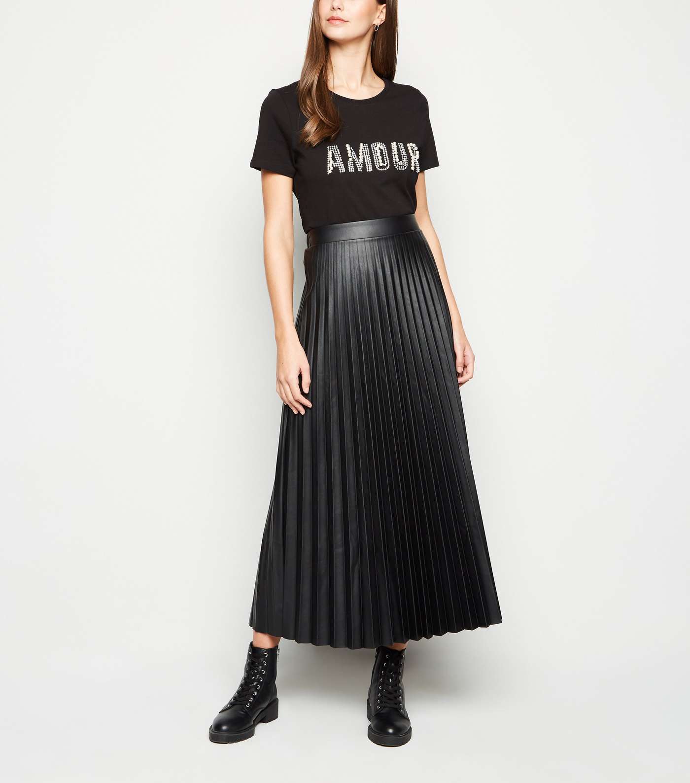 Tall Black Leather-Look Pleated Midi Skirt