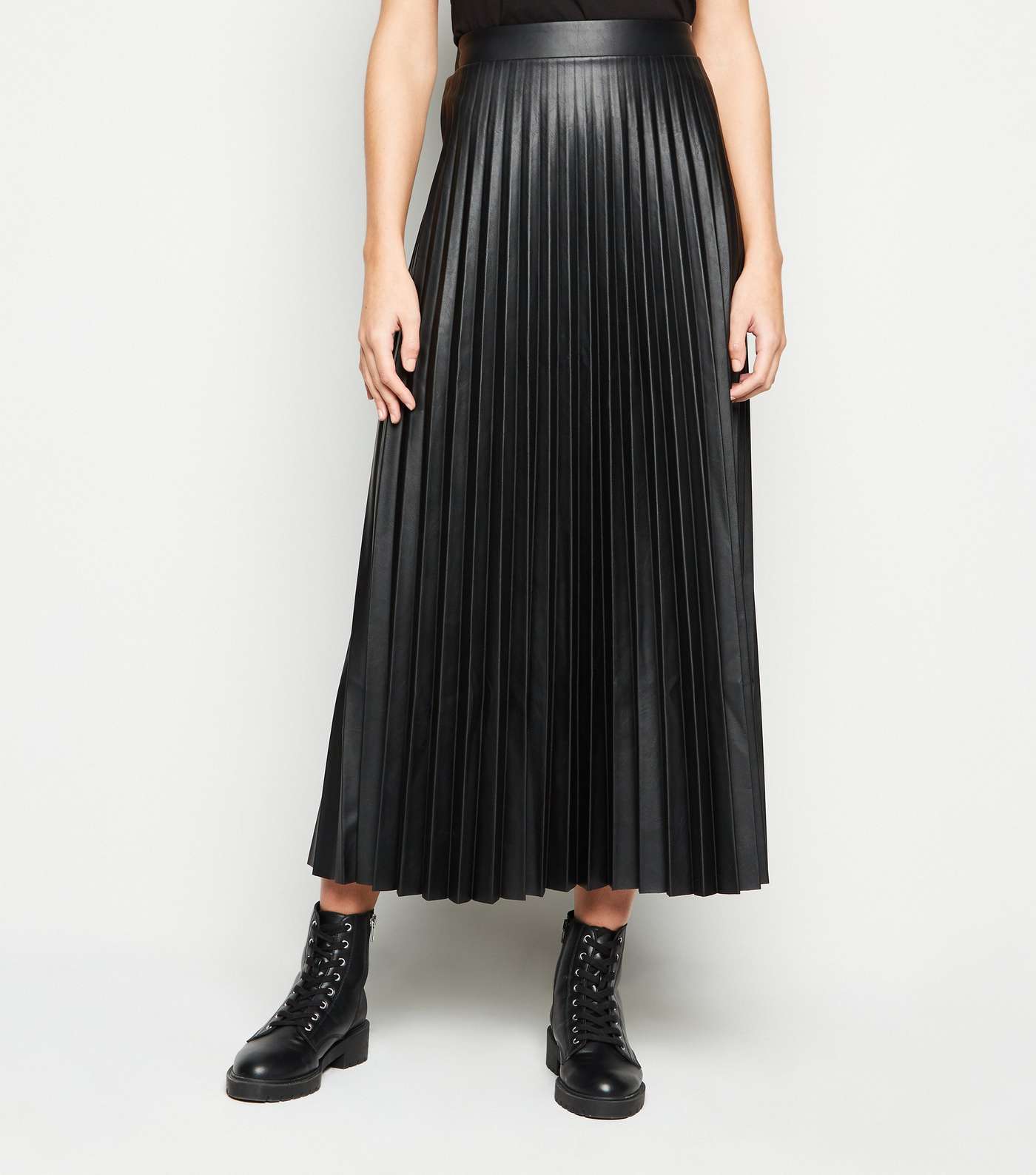 Tall Black Leather-Look Pleated Midi Skirt Image 2