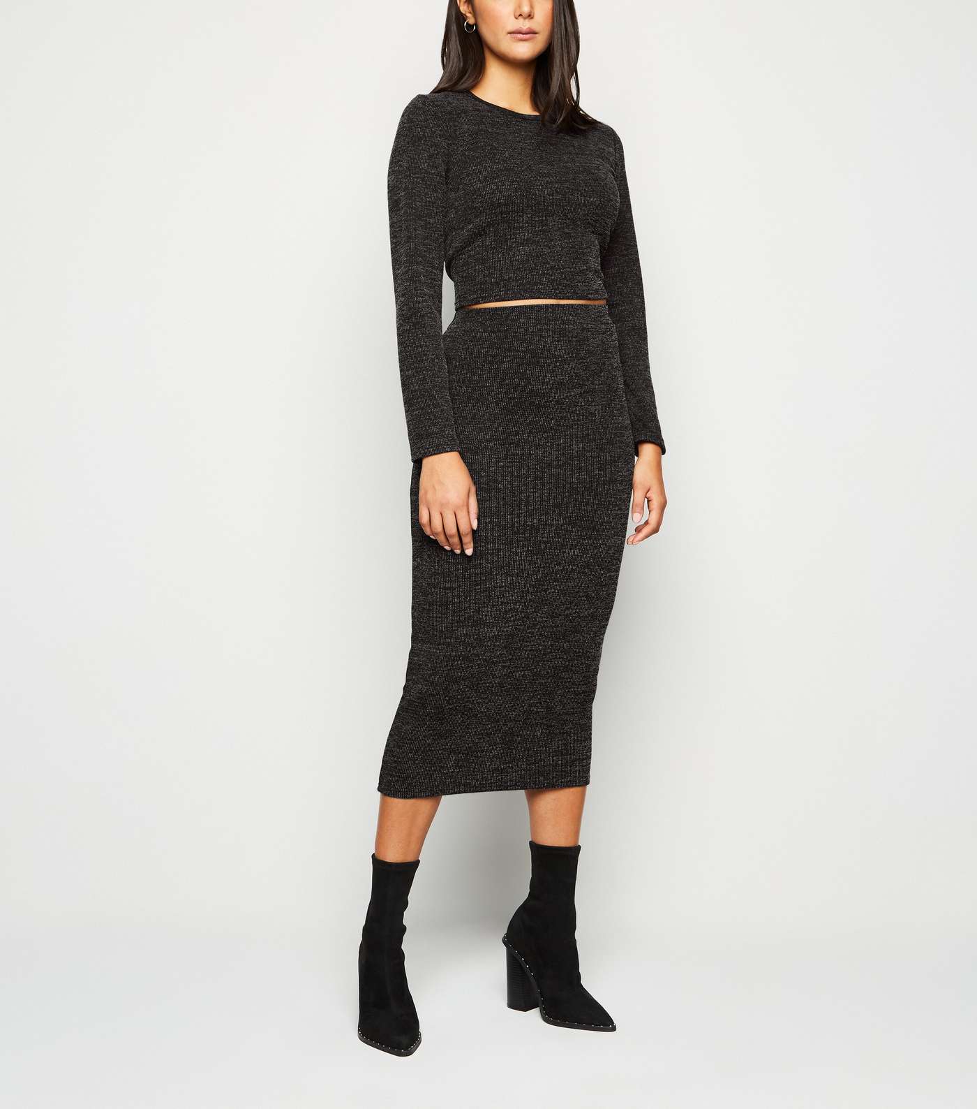 Grey Fine Knit Midi Skirt