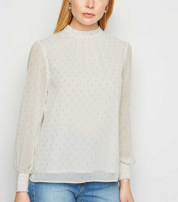 Off White Metallic Spot High Neck Blouse