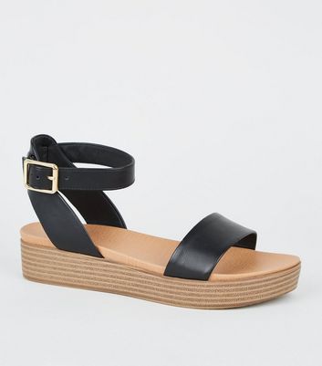 Girls Black Leather Look Footbed Flatform Sandals New Look