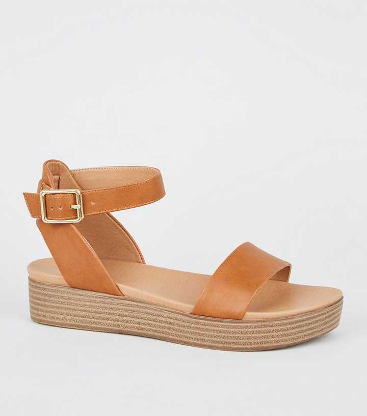 Girls Tan Leather-Look Footbed Flatform Sandals