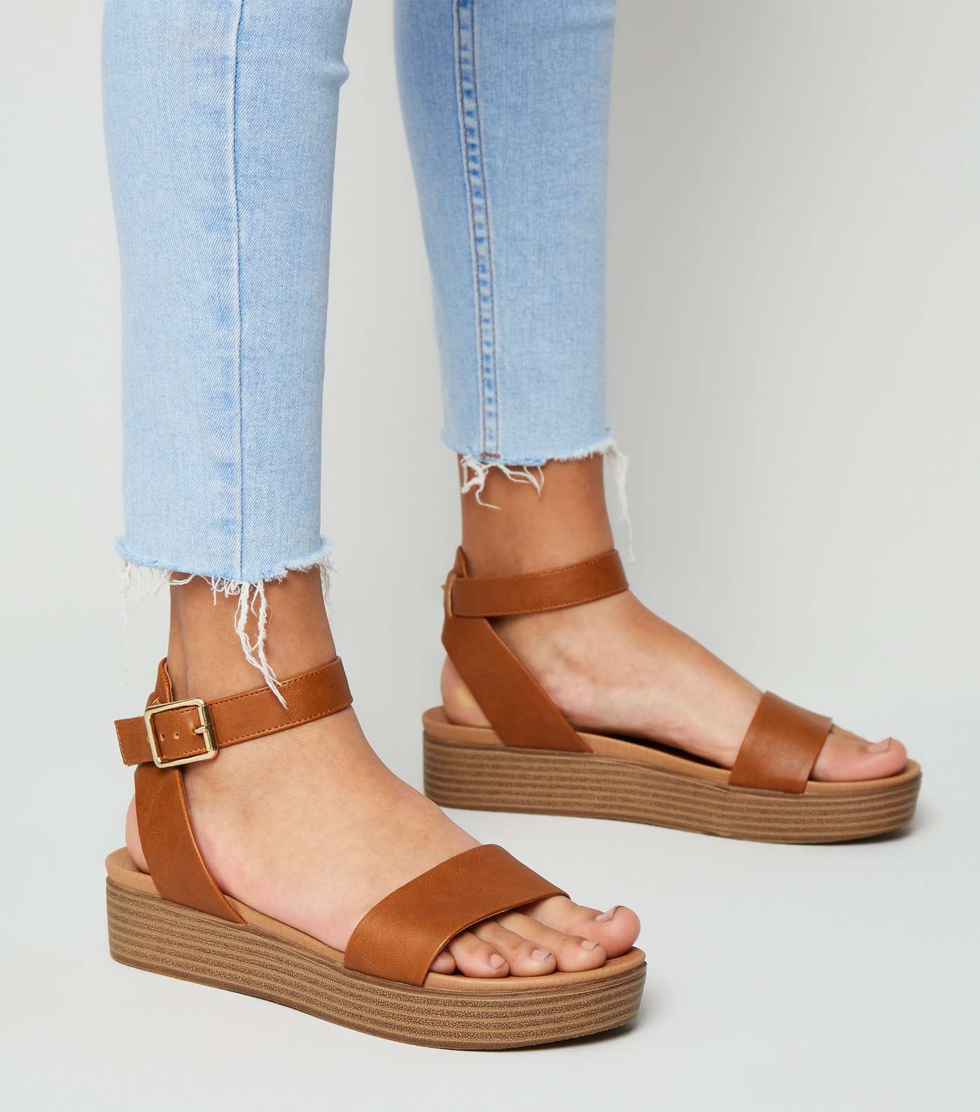 Girls Tan Leather-Look Footbed Flatform Sandals Image 2