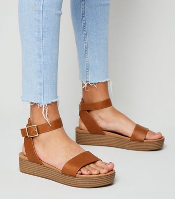 Girls Tan Leather Look Footbed Flatform Sandals New Look