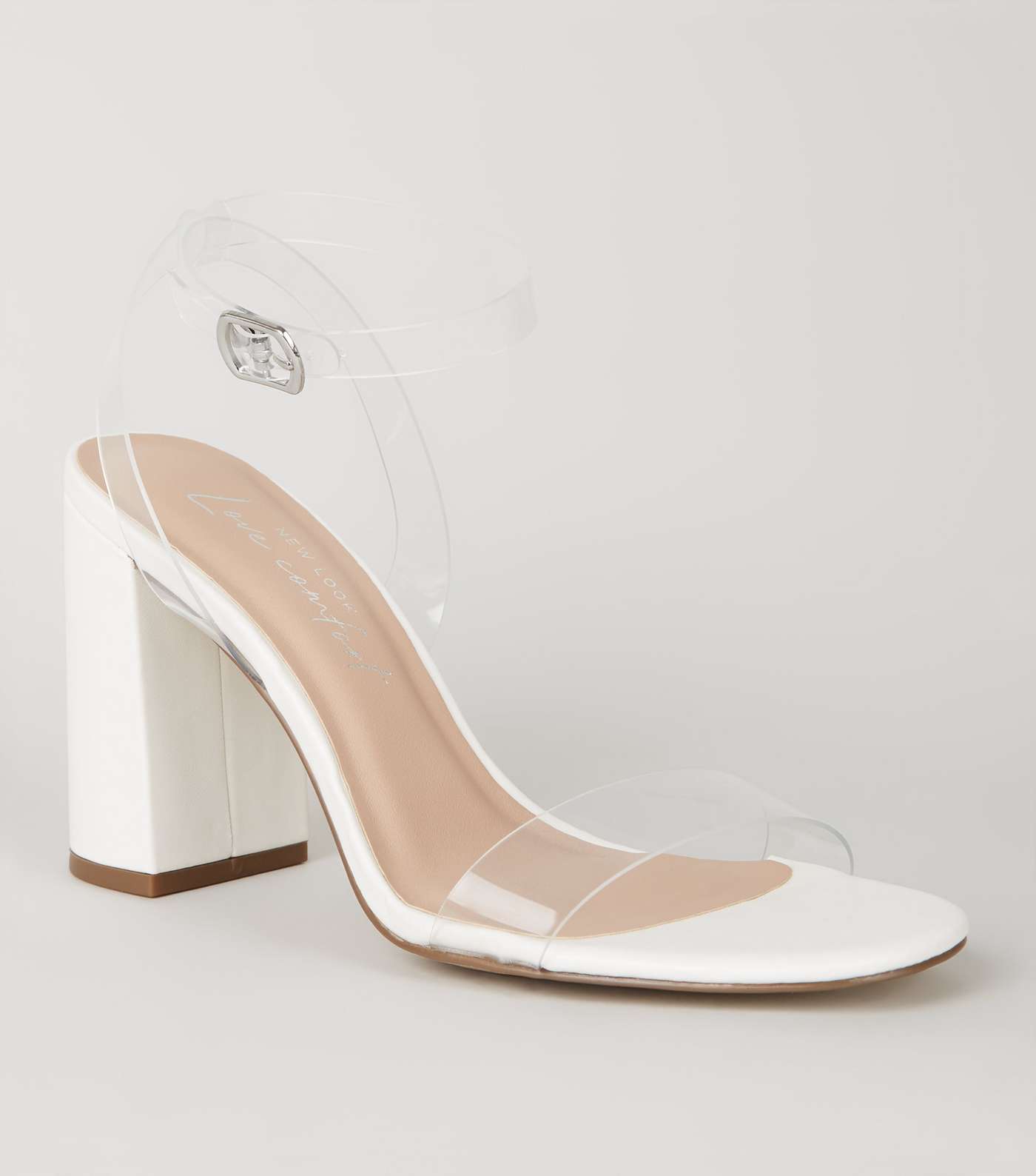 White Leather-Look Clear Strap Flared Block Heels