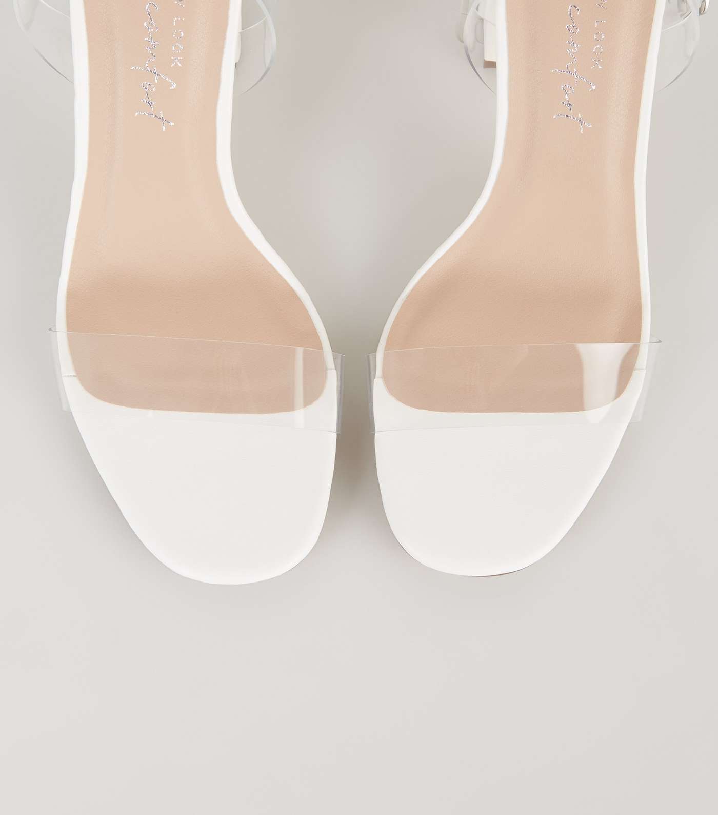 White Leather-Look Clear Strap Flared Block Heels Image 3