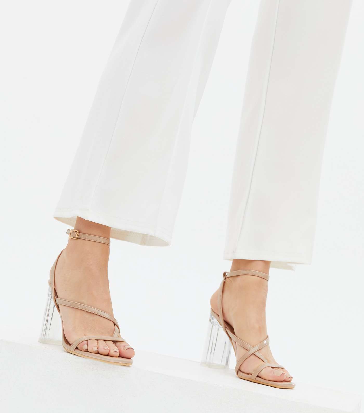 Pale Pink Leather-Look Clear Strap Block Heels Image 2