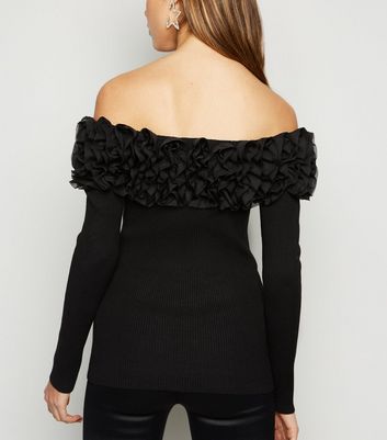 Image of Cameo Rose Black Ruffle Bardot Jumper New Look