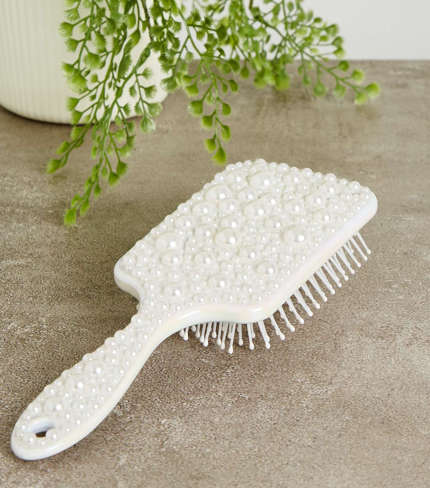 White Iridescent Faux Pearl Paddle Hair Brush Image 2