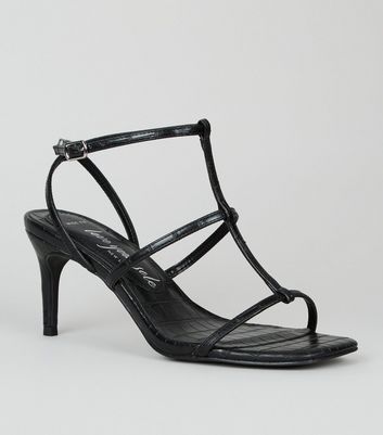 Wide Fit Black Faux Croc Strappy Stiletto Sandals | New Look