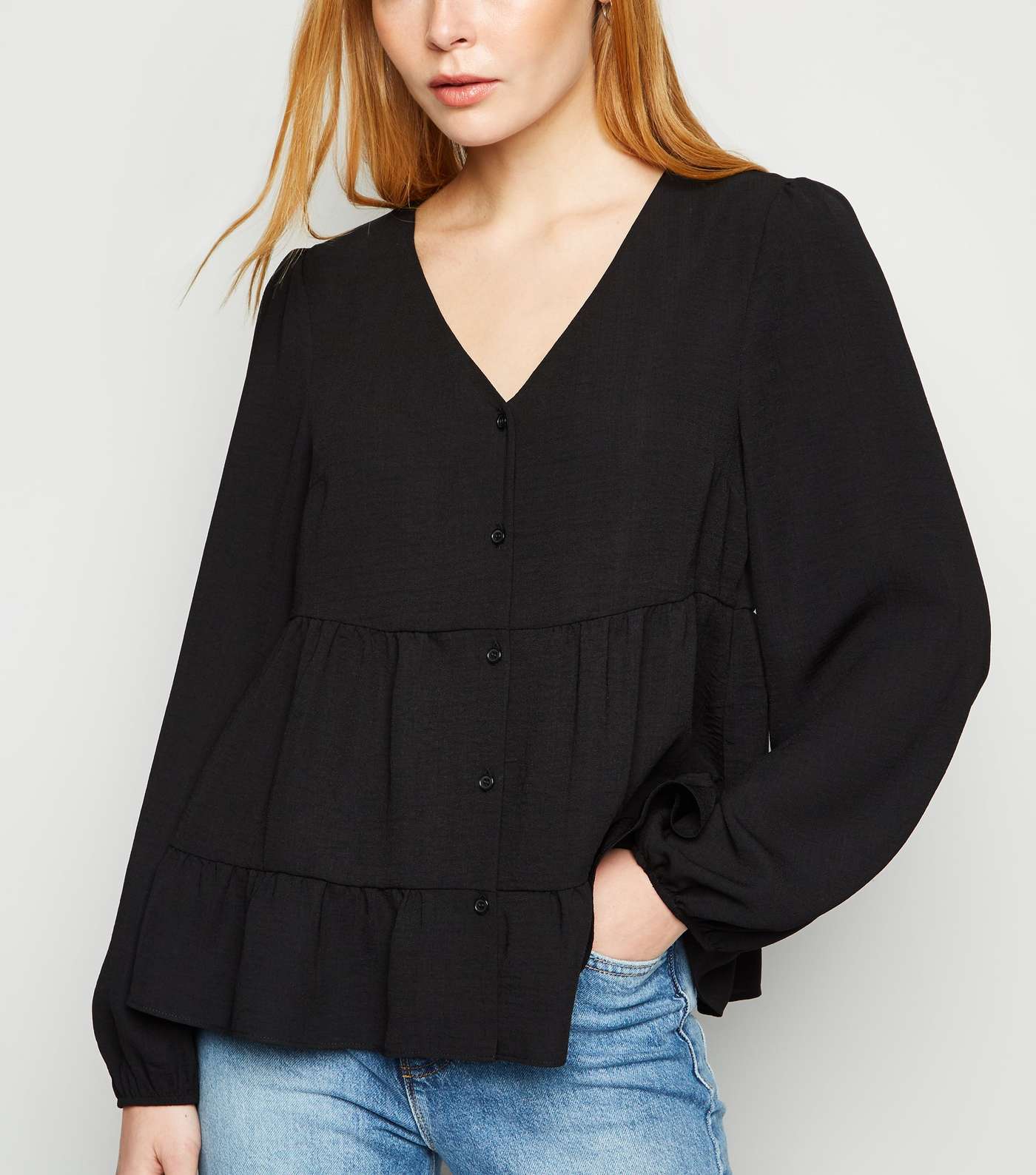 Black Tiered Button Up Long Sleeve Blouse