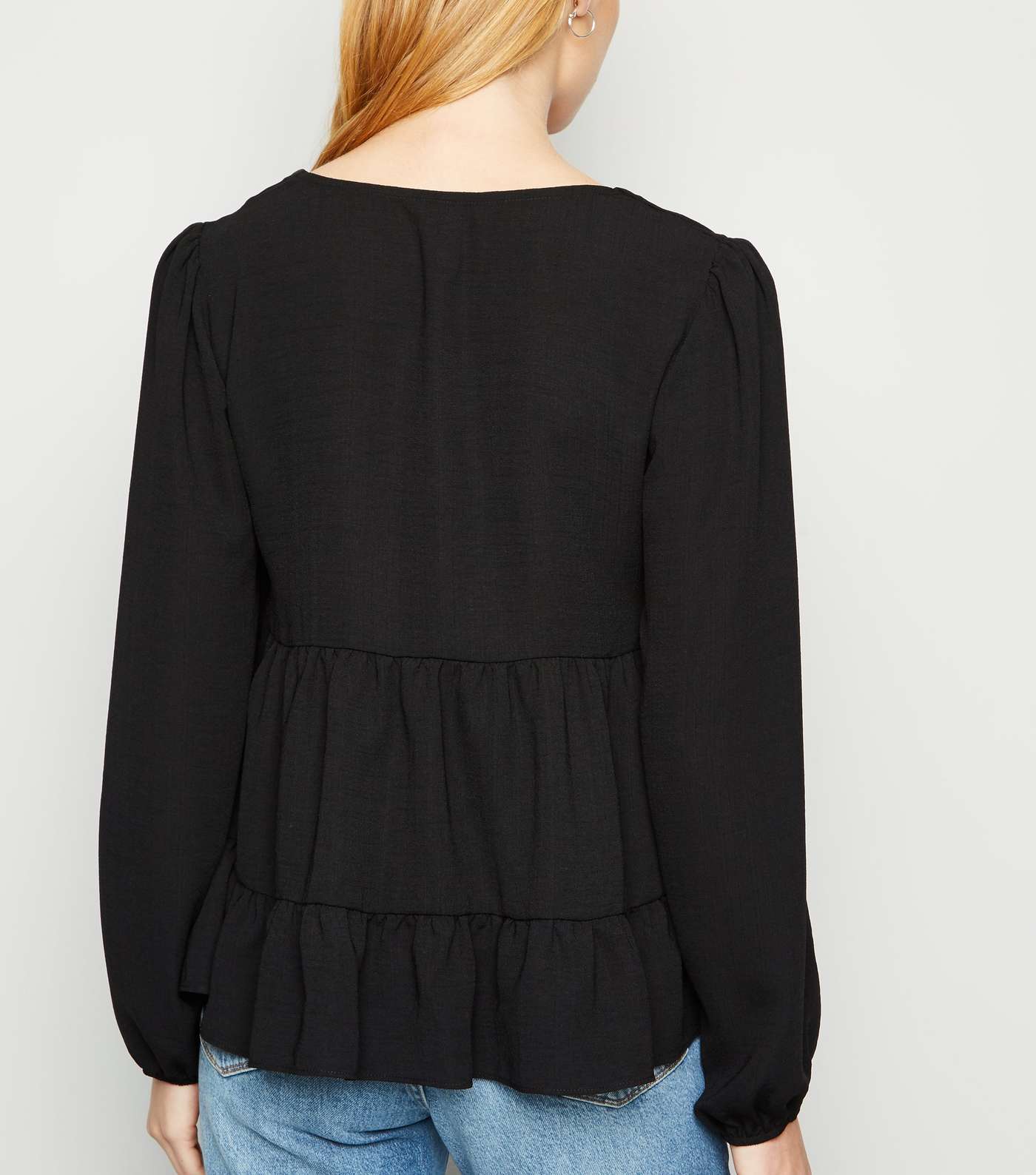 Black Tiered Button Up Long Sleeve Blouse Image 3